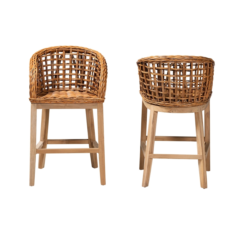 Baxton Studio Mario Natural Brown Finished Teak Wood and Rattan Counter Stool