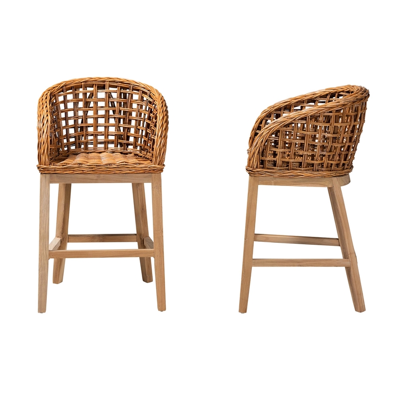 Baxton Studio Mario Natural Brown Finished Teak Wood and Rattan Counter Stool