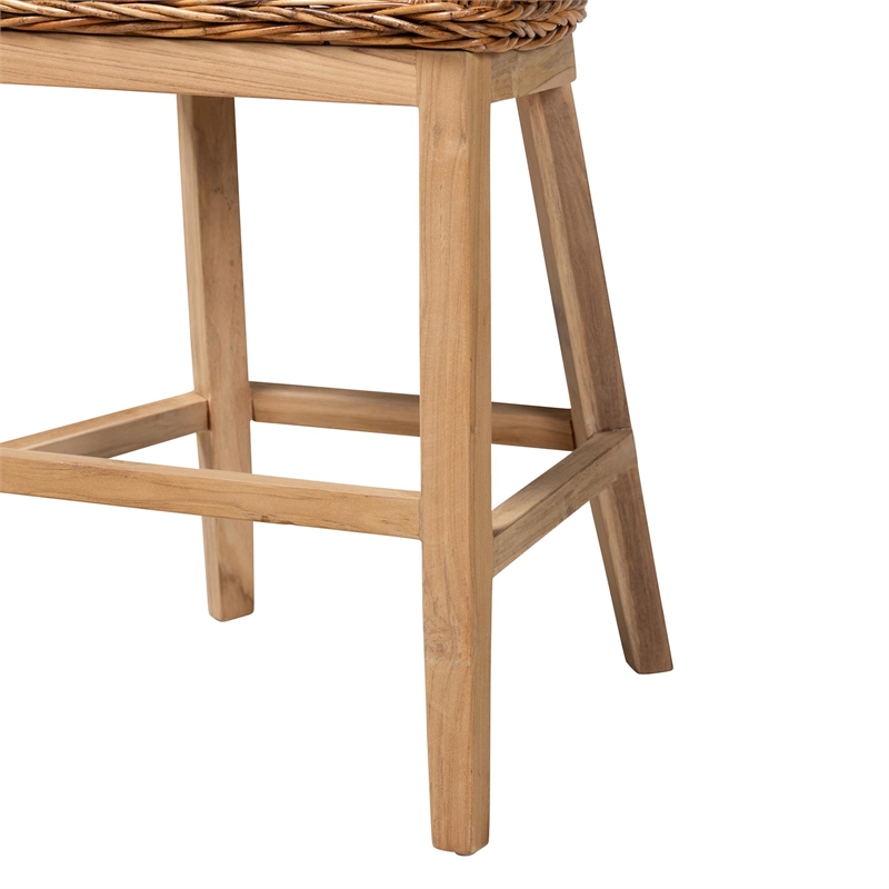 Baxton Studio Mario Natural Brown Finished Teak Wood and Rattan Counter Stool
