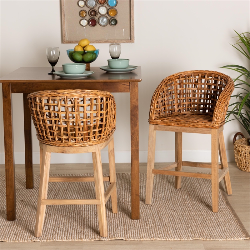Baxton Studio Mario Natural Brown Finished Teak Wood and Rattan Counter Stool