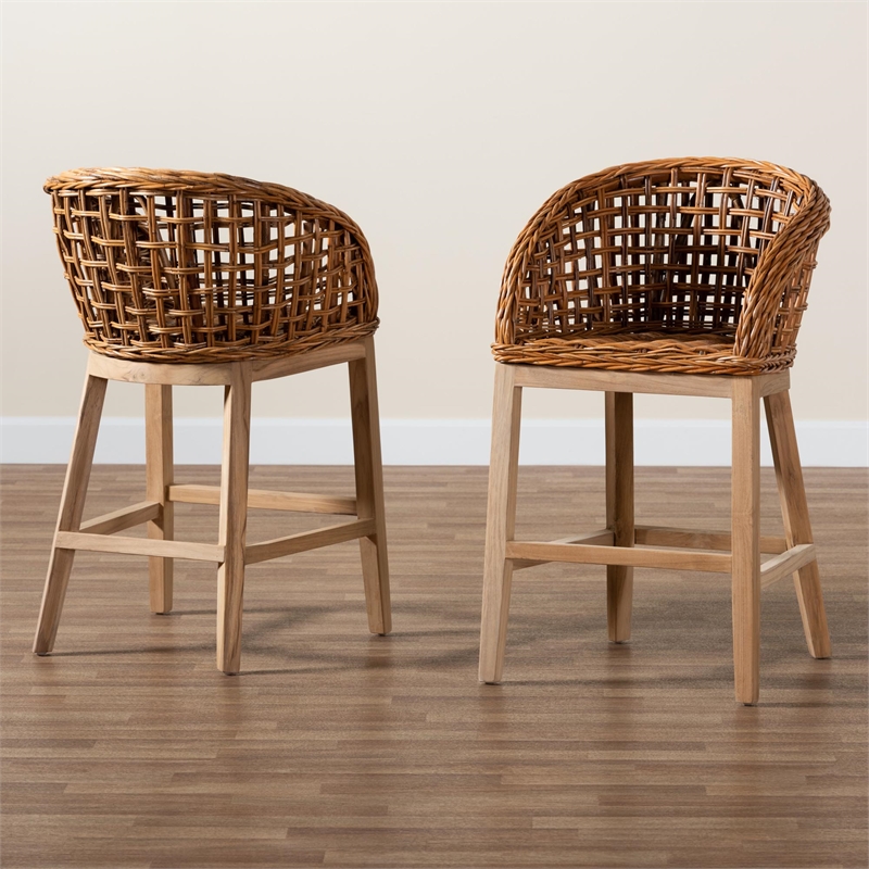 Baxton Studio Mario Natural Brown Finished Teak Wood and Rattan Counter Stool