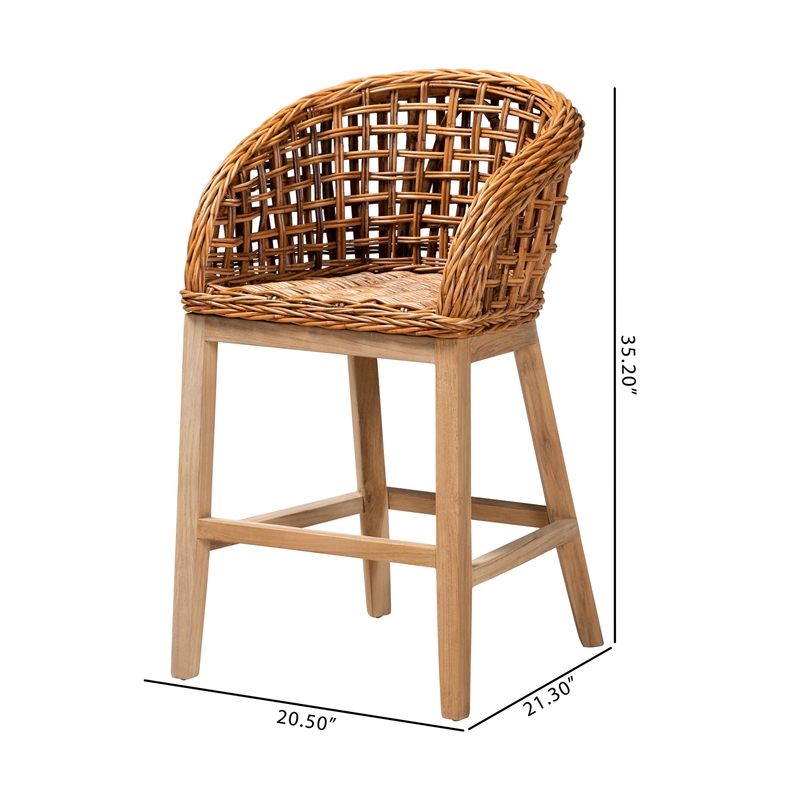 Baxton Studio Mario Natural Brown Finished Teak Wood and Rattan Counter Stool