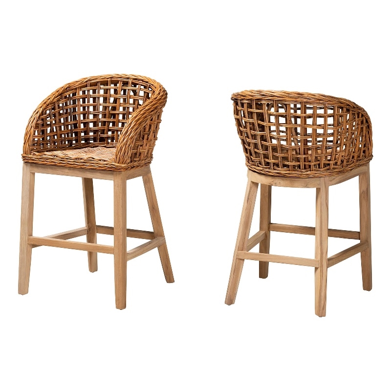 Baxton Studio Mario Natural Brown Finished Teak Wood and Rattan Counter Stool