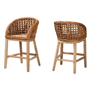 Baxton Studio Mario Natural Brown Finished Teak Wood and Rattan Counter Stool