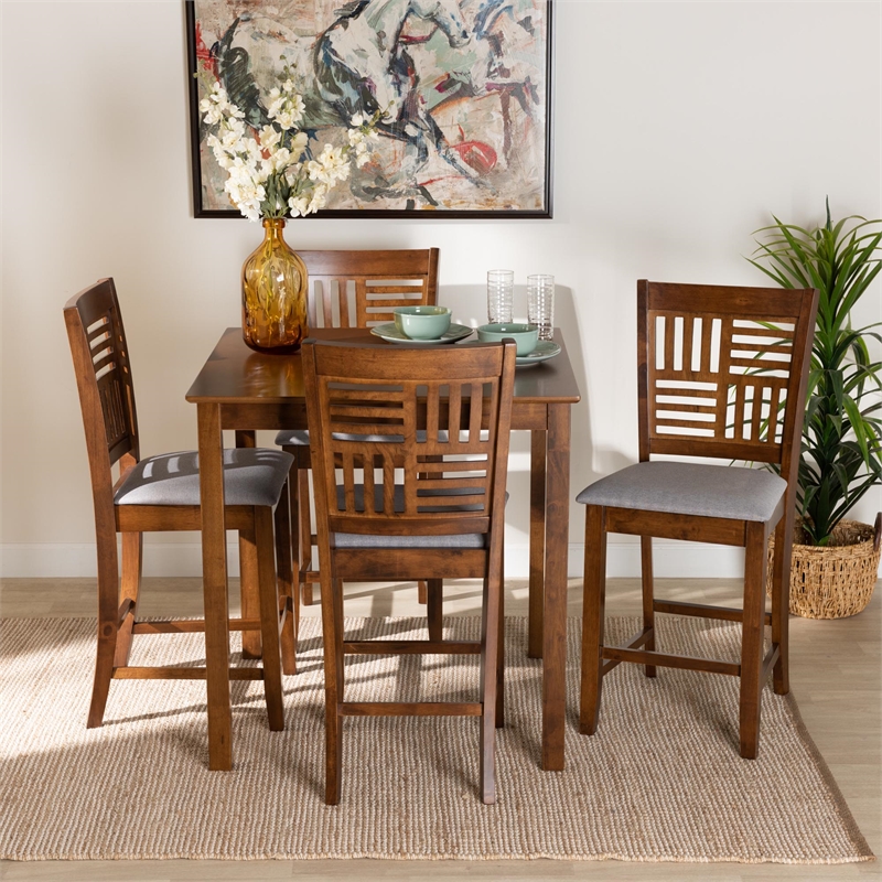 Baxton Studio Deanna Grey Fabric and Walnut Brown Wood 5-Piece Pub Set
