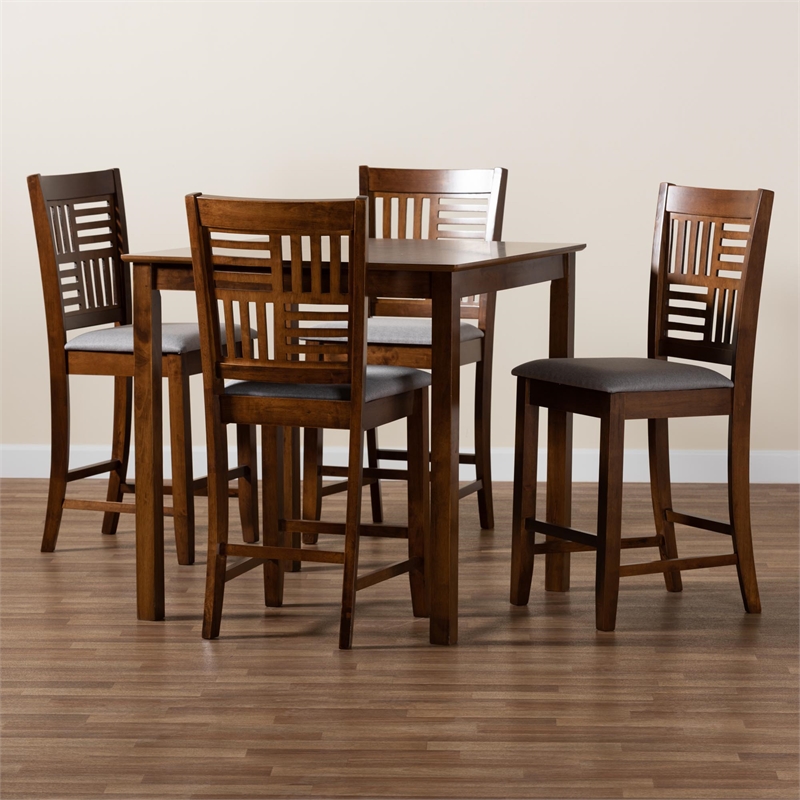 Baxton Studio Deanna Grey Fabric and Walnut Brown Wood 5-Piece Pub Set