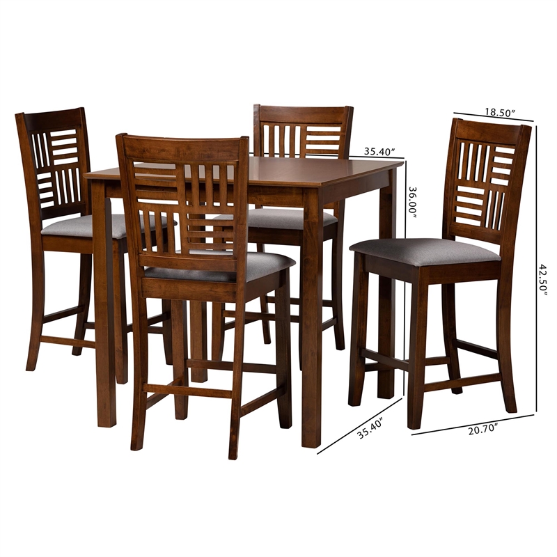 Baxton Studio Deanna Grey Fabric and Walnut Brown Wood 5-Piece Pub Set