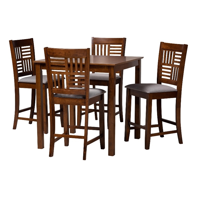 Baxton Studio Deanna Grey Fabric and Walnut Brown Wood 5-Piece Pub Set