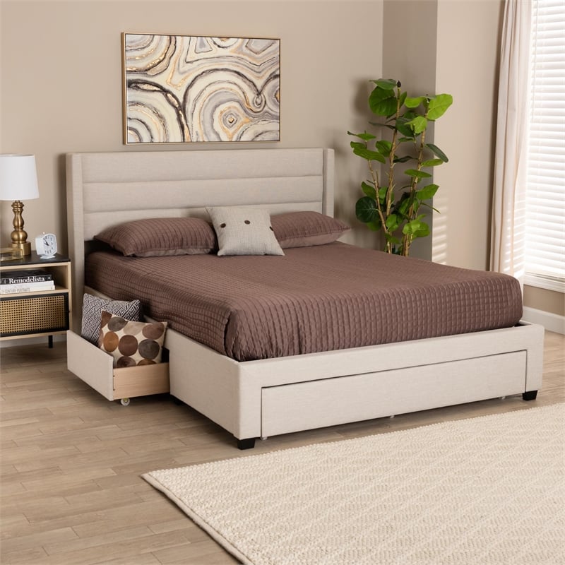 Baxton Studio Braylon Beige Fabric and Brown Wood Full Storage Platform Bed
