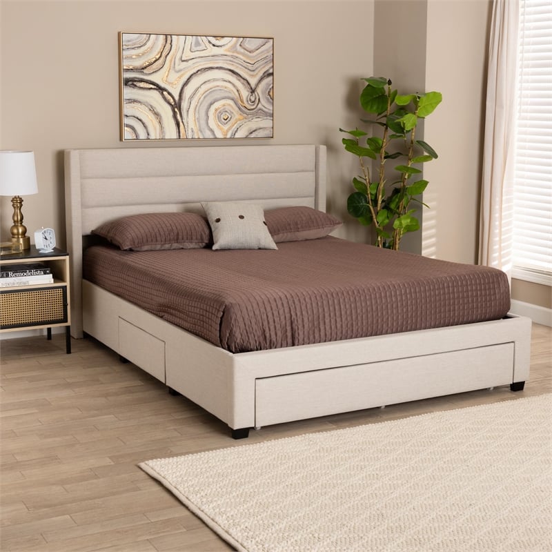 Baxton Studio Braylon Beige Fabric and Brown Wood Full Storage Platform Bed