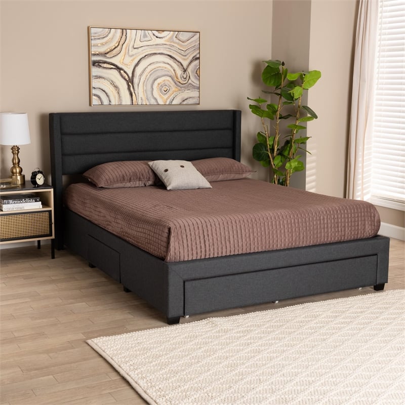 Baxton Studio Braylon Gray Fabric and Brown Wood Full Size Storage Platform Bed