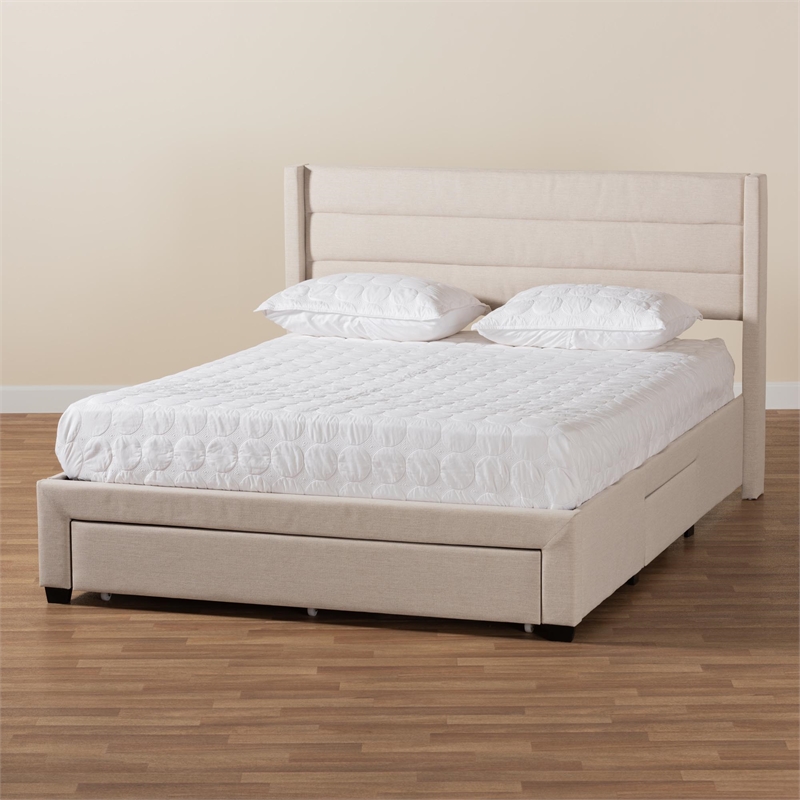 Baxton Studio Braylon Beige Fabric and Brown Wood Queen Storage Platform Bed