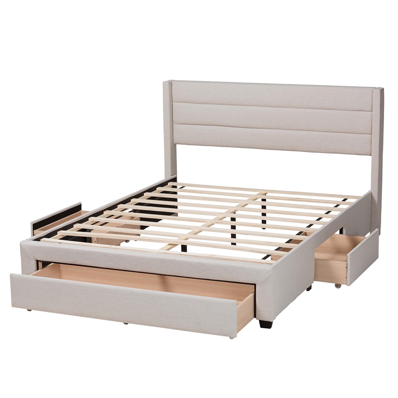 Baxton Studio Braylon Beige Fabric and Brown Wood Queen Storage Platform Bed