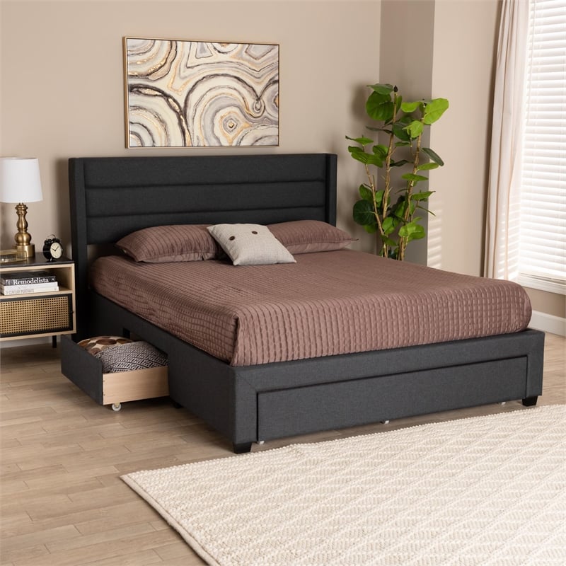 Baxton Studio Braylon Gray Fabric and Brown Wood Queen Storage Platform Bed