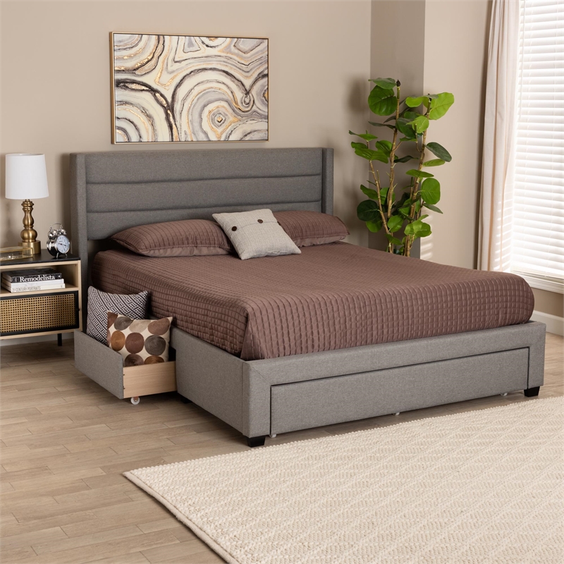 Baxton Studio Braylon Gray Fabric and Brown Wood Queen Storage Platform Bed