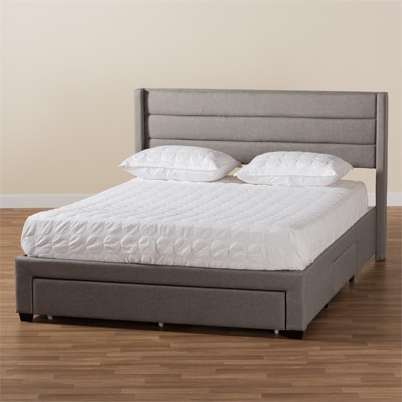 Baxton Studio Braylon Gray Fabric and Brown Wood Queen Storage Platform Bed