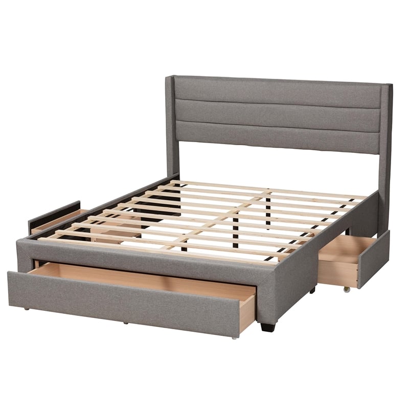 Baxton Studio Braylon Gray Fabric and Brown Wood Queen Storage Platform Bed