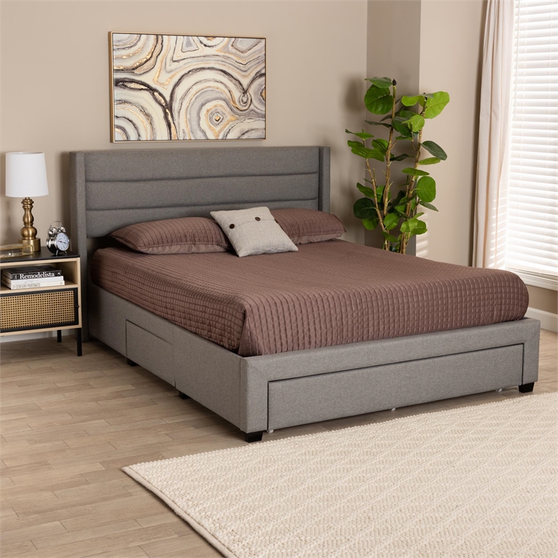 Baxton Studio Braylon Gray Fabric and Brown Wood Queen Storage Platform Bed