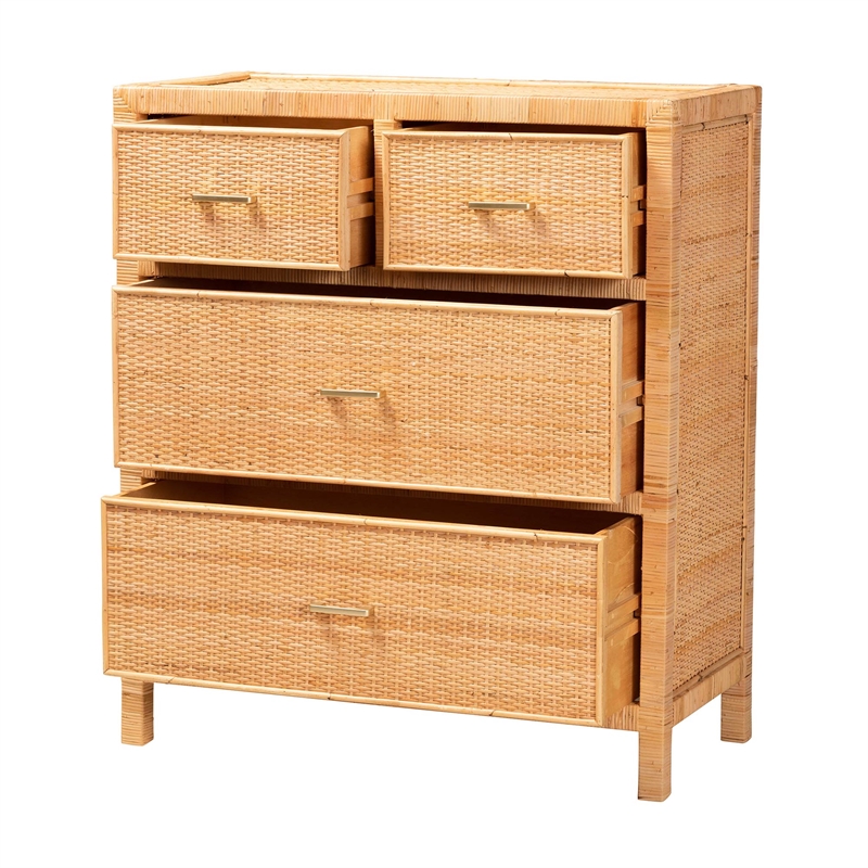 Baxton Studio Vaere Natural Brown Rattan and Mahogany Wood Storage Cabinet