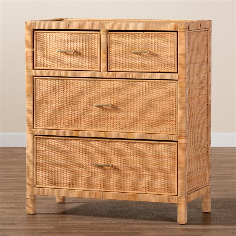 Baxton Studio Vaere Natural Brown Rattan and Mahogany Wood Storage Cabinet