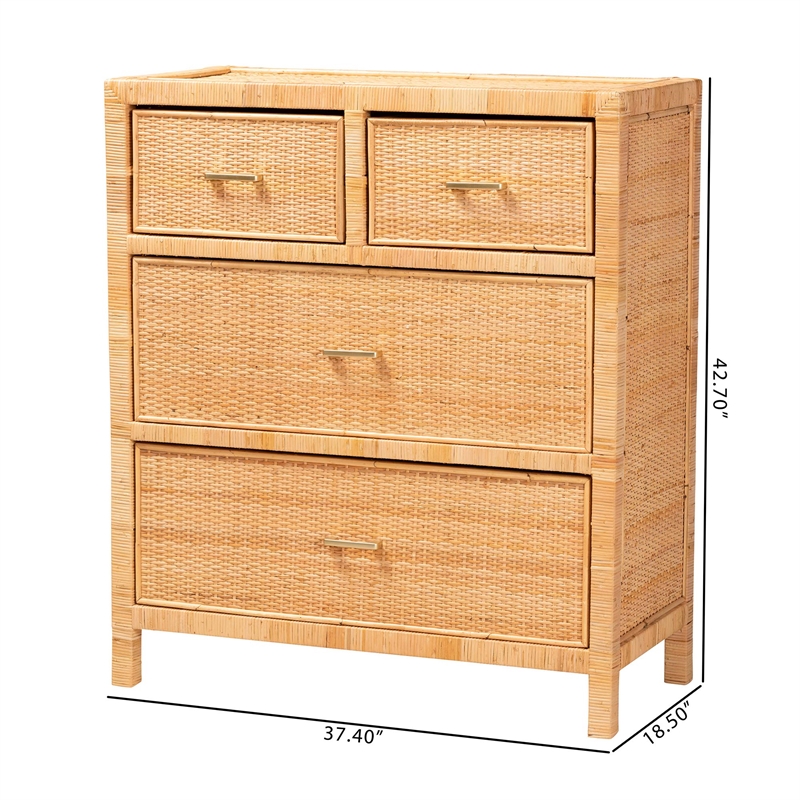 Baxton Studio Vaere Natural Brown Rattan and Mahogany Wood Storage Cabinet