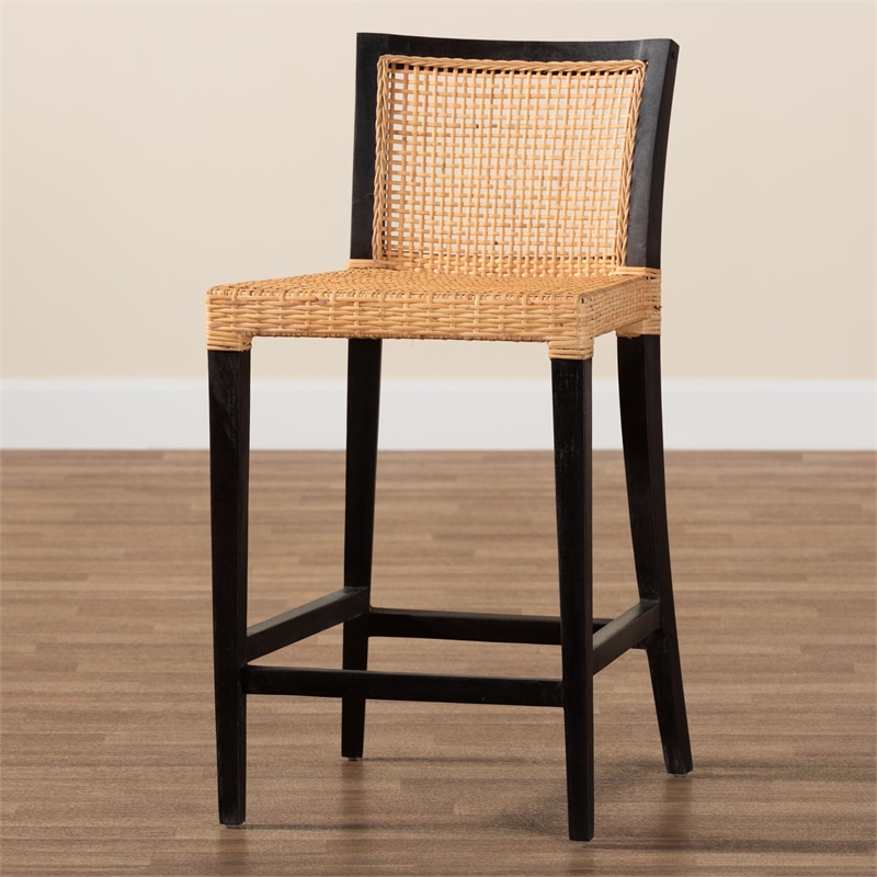 Baxton Studio Lingga Dark Brown Mahogany Wood and Natural Rattan Counter Stool
