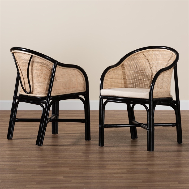 Baxton Studio Miranda Two-Tone Black and Natural Brown Rattan Dining Chair