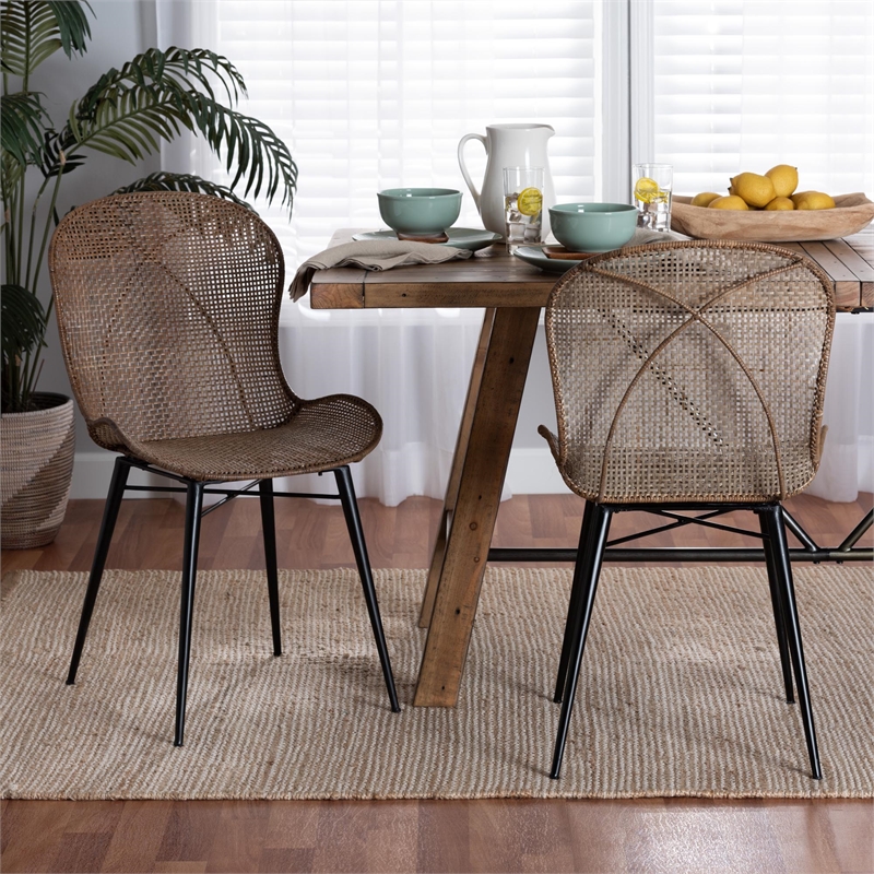 Baxton Studio Sabelle Japandi Gray Rattan and Black Metal Dining Chair