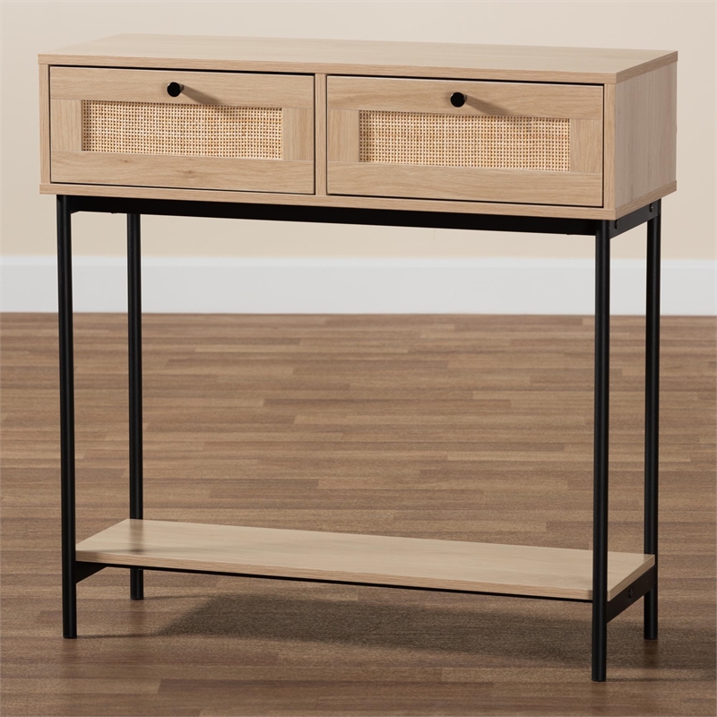 Baxton Studio Sherwin Brown and Black 2-Drawer Console Table with Rattan Accent