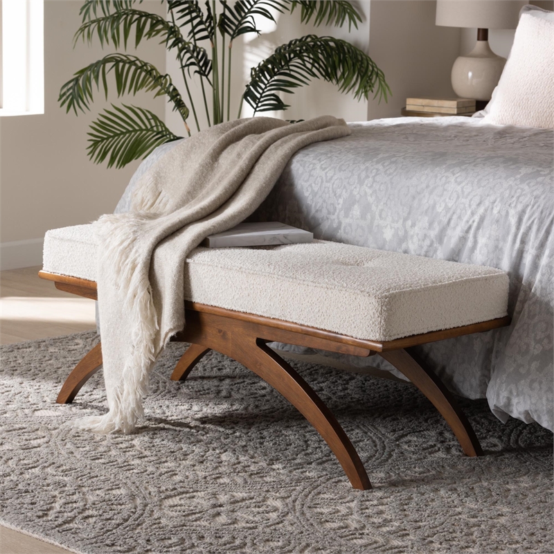 Baxton Studio Orella Cream Boucle Fabric and Walnut Brown Finished Wood Bench
