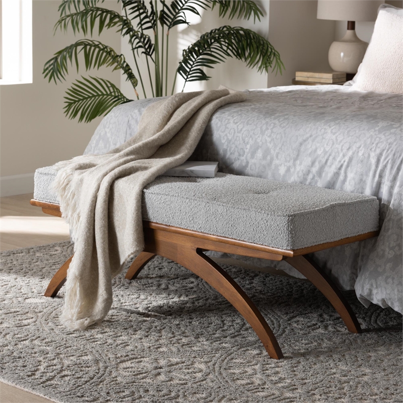 Baxton Studio Orella Light Gray Boucle Fabric and Walnut Brown Wood Bench