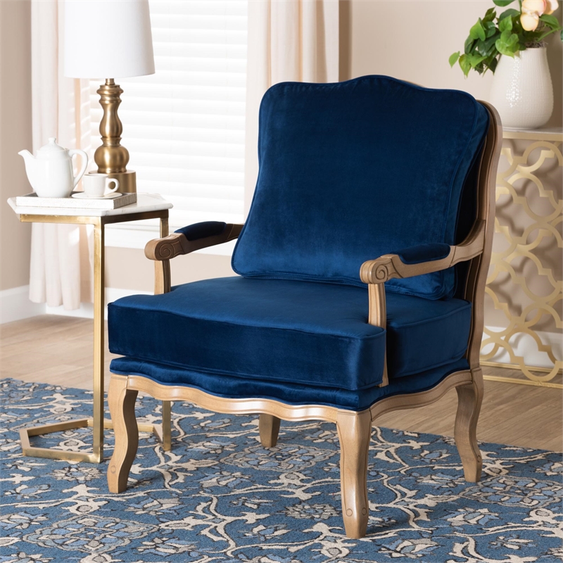 Baxton Studio Jules Blue Fabric and French Oak Brown Finished Wood Accent Chair