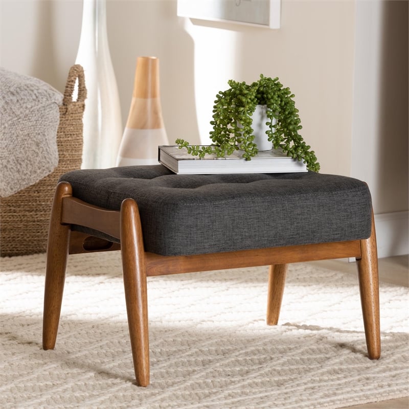 Baxton Studio Jeanine Gray Fabric and Walnut Brown Wood Ottoman Footstool