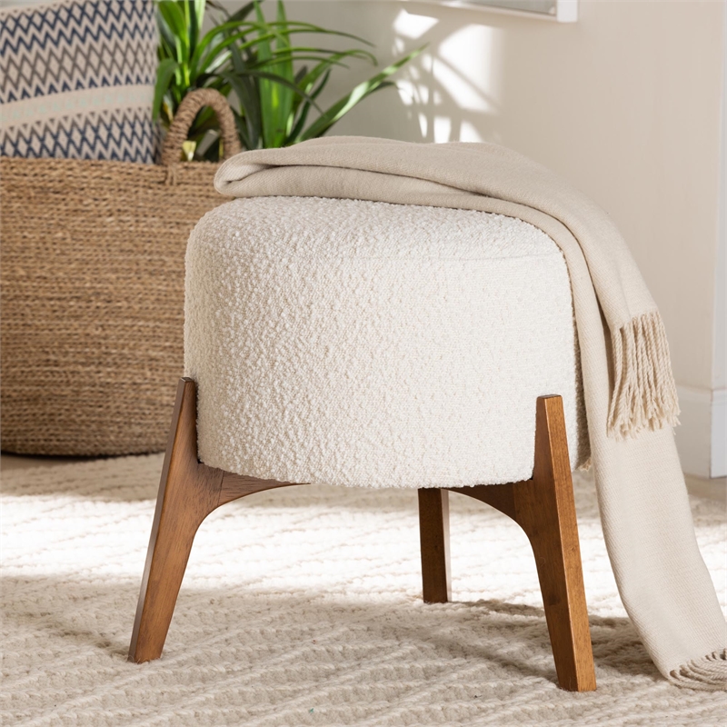 Baxton Studio Elkie Cream Boucle Fabric and Walnut Brown Wood Ottoman Footstool