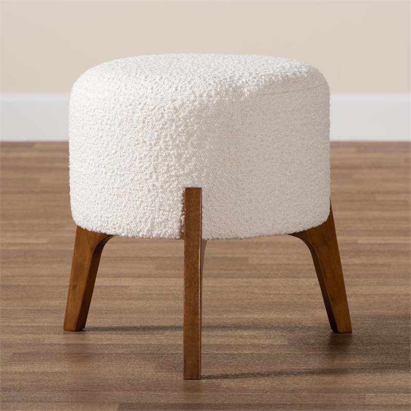 Baxton Studio Elkie Cream Boucle Fabric and Walnut Brown Wood Ottoman Footstool