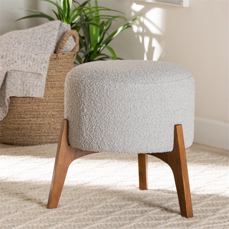 Baxton Studio Elkie Light Grey Boucle Fabric and Brown Wood Ottoman Footstool