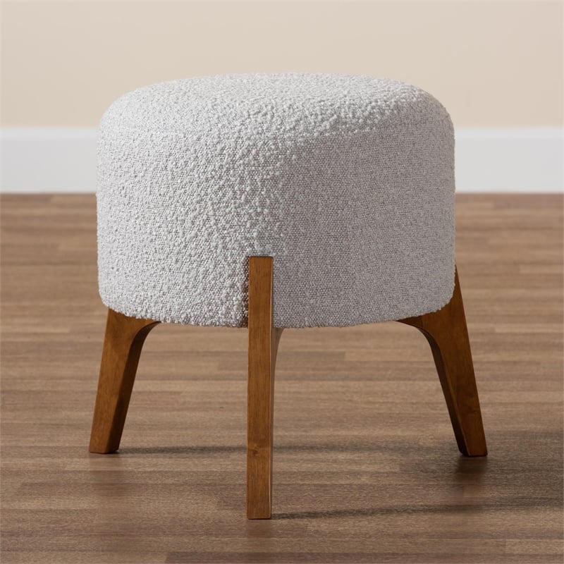 Baxton Studio Elkie Light Grey Boucle Fabric and Brown Wood Ottoman Footstool