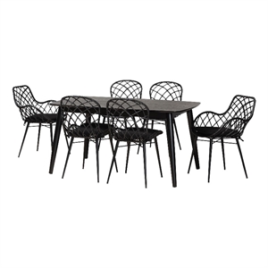 Baxton Studio Aniceta Black Finished Wood and Rattan 7-Piece Dining Set