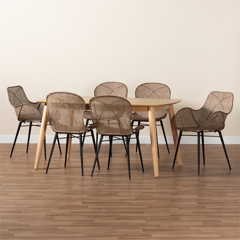 Baxton Studio Emmali Gray Rattan and Natural Brown Wood 7-Piece Dining Set
