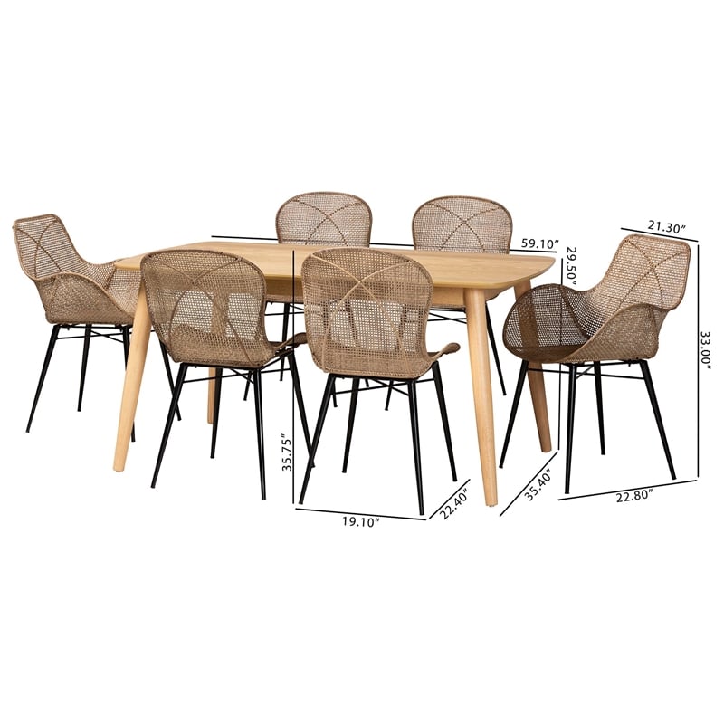 Baxton Studio Emmali Gray Rattan and Natural Brown Wood 7-Piece Dining Set