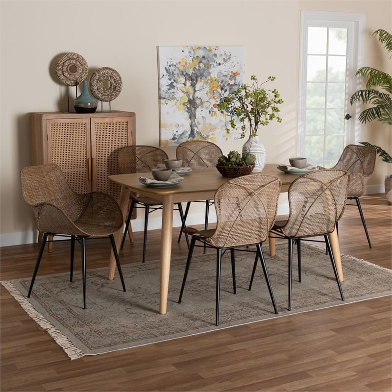 Baxton Studio Emmali Gray Rattan and Natural Brown Wood 7-Piece Dining Set