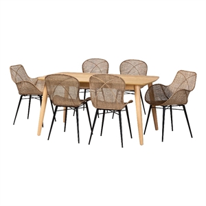 Baxton Studio Emmali Gray Rattan and Natural Brown Wood 7-Piece Dining Set