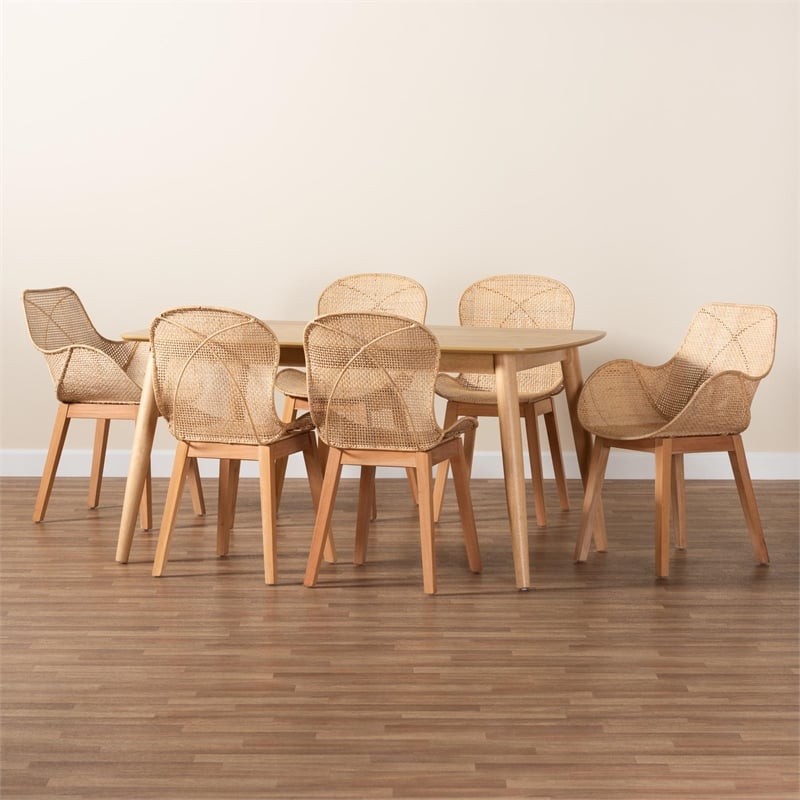 Baxton Studio Emmali Natural Brown Finished Wood and Rattan 7-Piece Dining Set