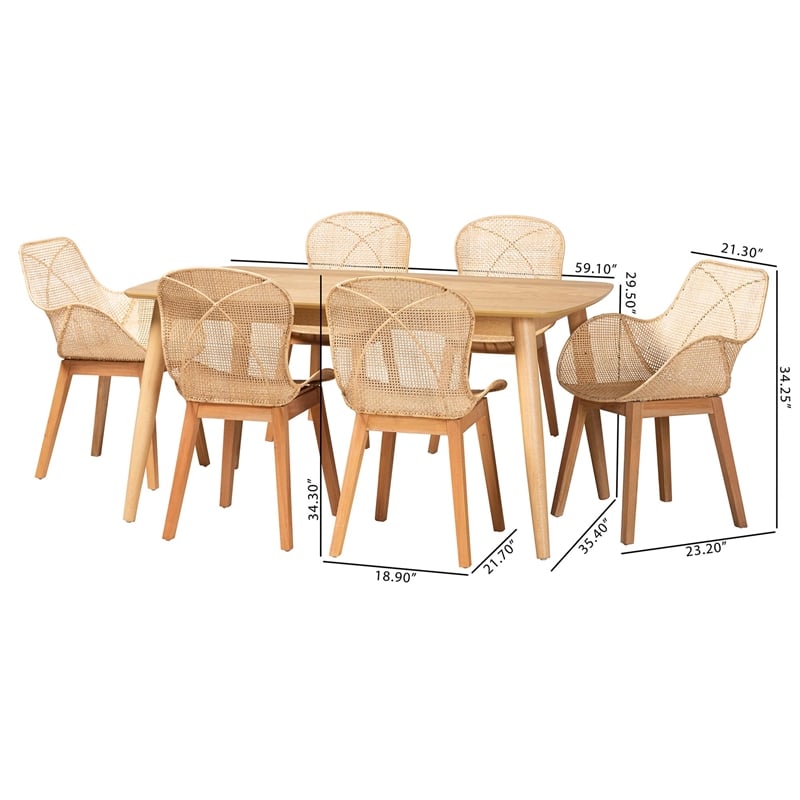 Baxton Studio Emmali Natural Brown Finished Wood and Rattan 7-Piece Dining Set