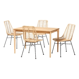 Baxton Studio Manhattan Rattan and Natural Oak Wood 5-Piece Dining Set