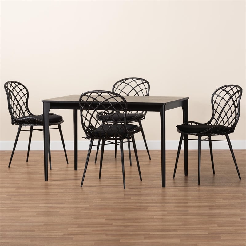 Baxton Studio Sabelle Black Finished Wood and Rattan 5-Piece Dining Set