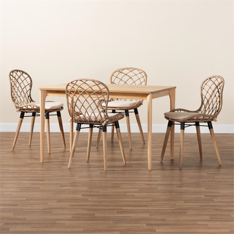 Baxton Studio Sabelle Greywashed Rattan and Brown Wood 5-Piece Dining Set