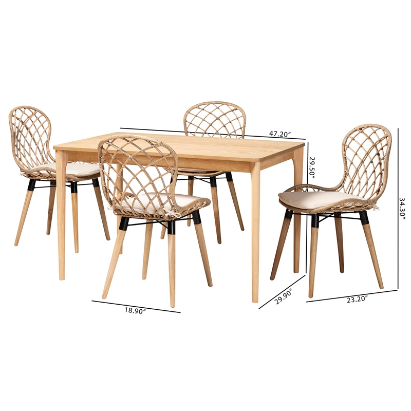 Baxton Studio Sabelle Greywashed Rattan and Brown Wood 5-Piece Dining Set