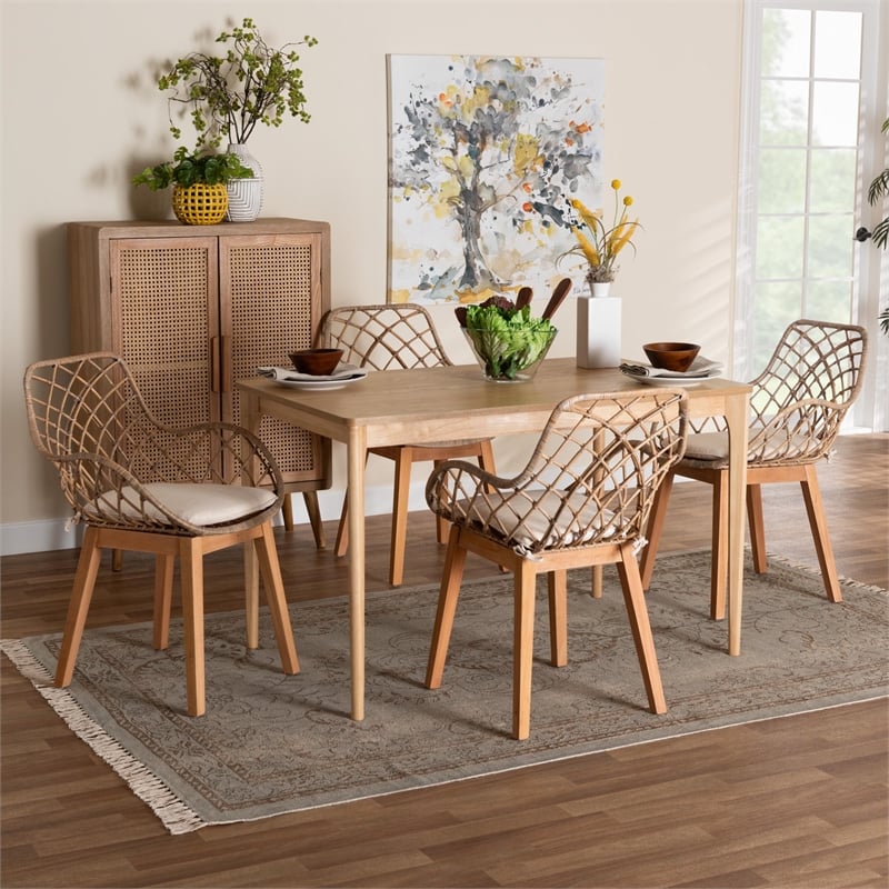 Baxton Studio Ballerina Gray Rattan and Brown Mahogany Wood 5-Piece Dining Set