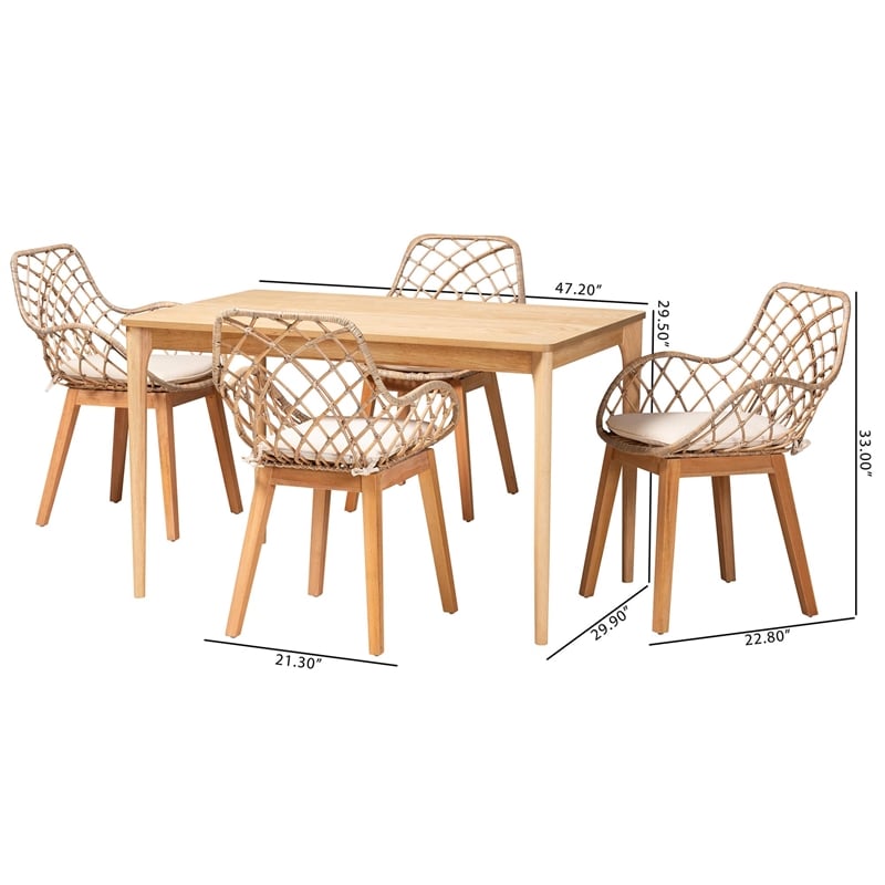Baxton Studio Ballerina Gray Rattan and Brown Mahogany Wood 5-Piece Dining Set